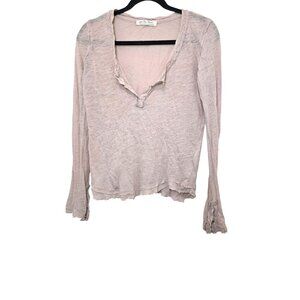 We The Free Dusty Pink Long-Sleeve Distressed Ruffle Hem Lightweight Henley Top